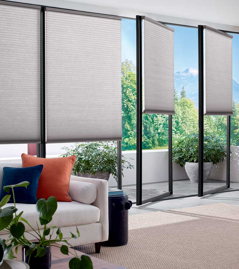 european glass doors overlaid with cellular energy efficient window shadings by Hunter Douglas in Maple Grove, MN