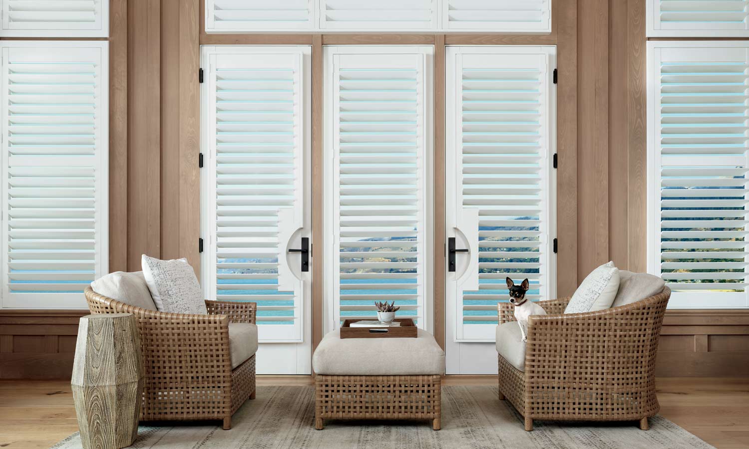 french patio doors with white shutters and handle cutouts