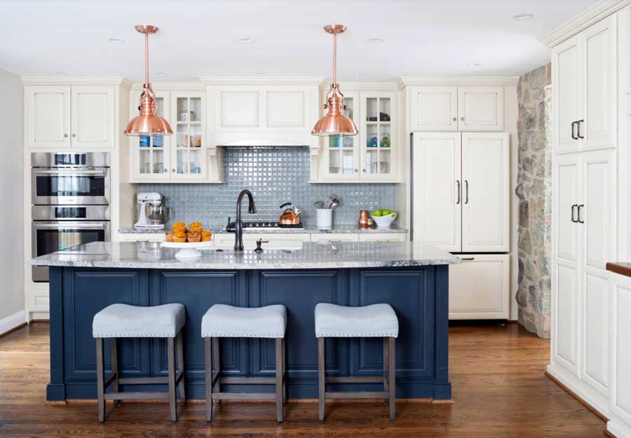 copper lighting kitchen in blue