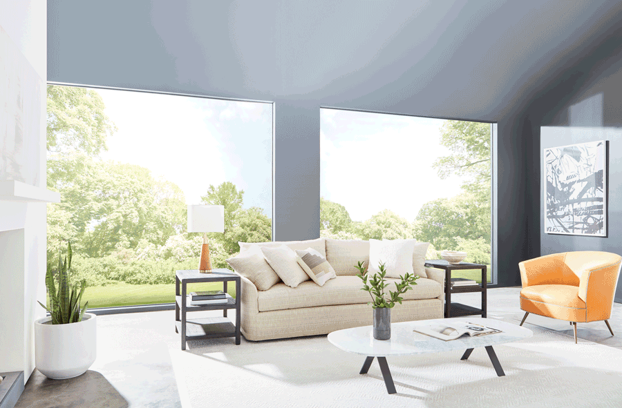 before and after sheer shades on large windows in living room