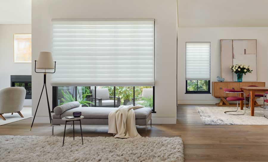 open floor plan with modern roman shades over black trim wondpws in minneapolis, mn