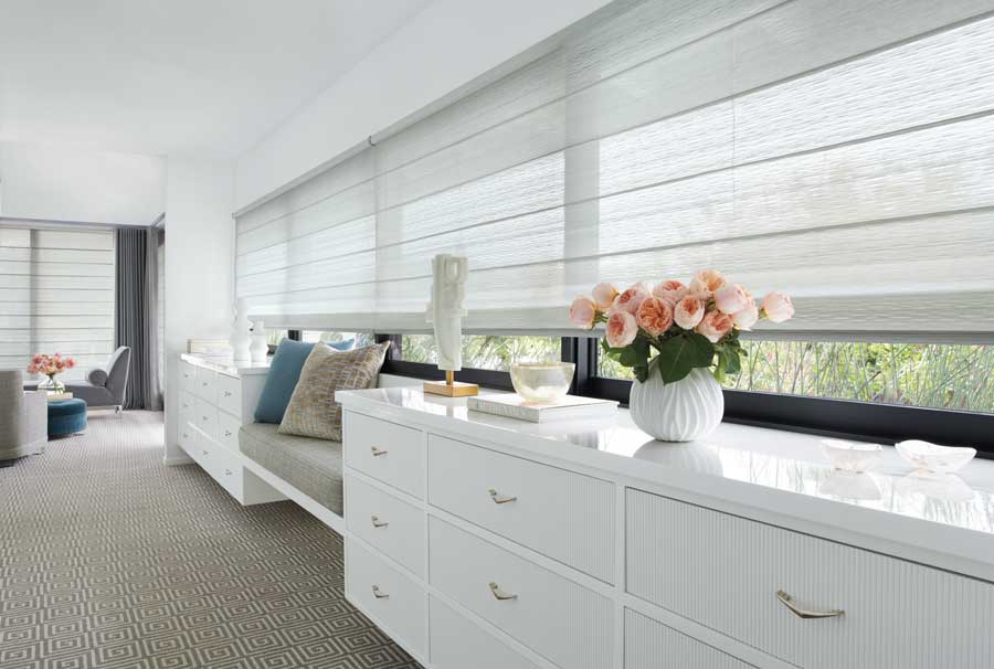 gray roller shades with woven texture in Minneapolis MN home