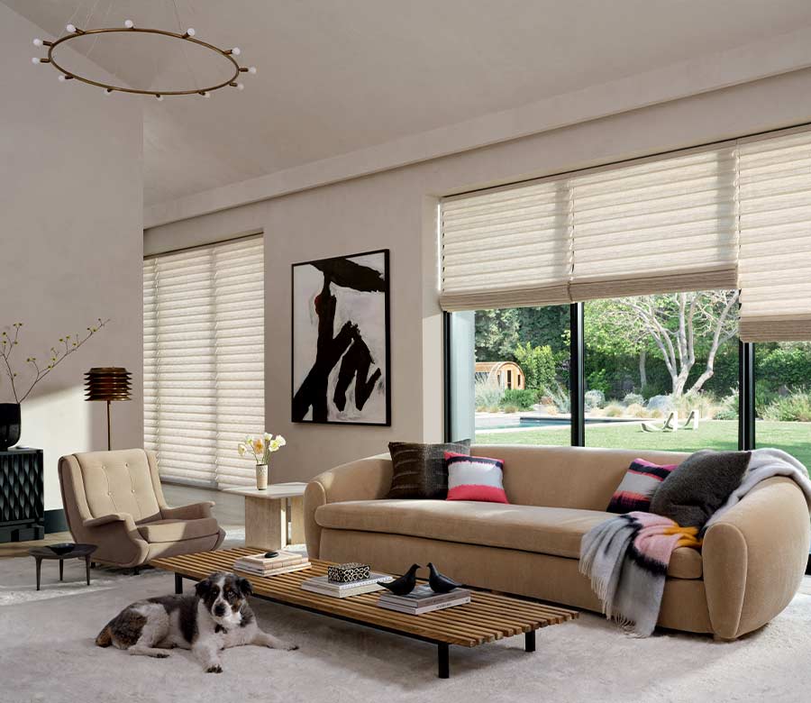 living room couch and chair large windows and soft fabric shades