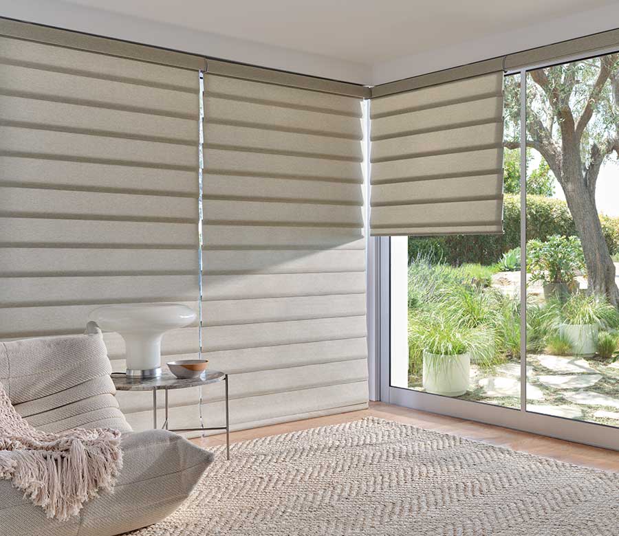 olive color window shades floor to ceiling with view through to the outdoor patio