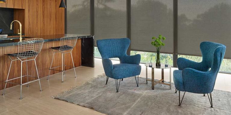 kitchen and sitting area with roller shades alustra woven texture