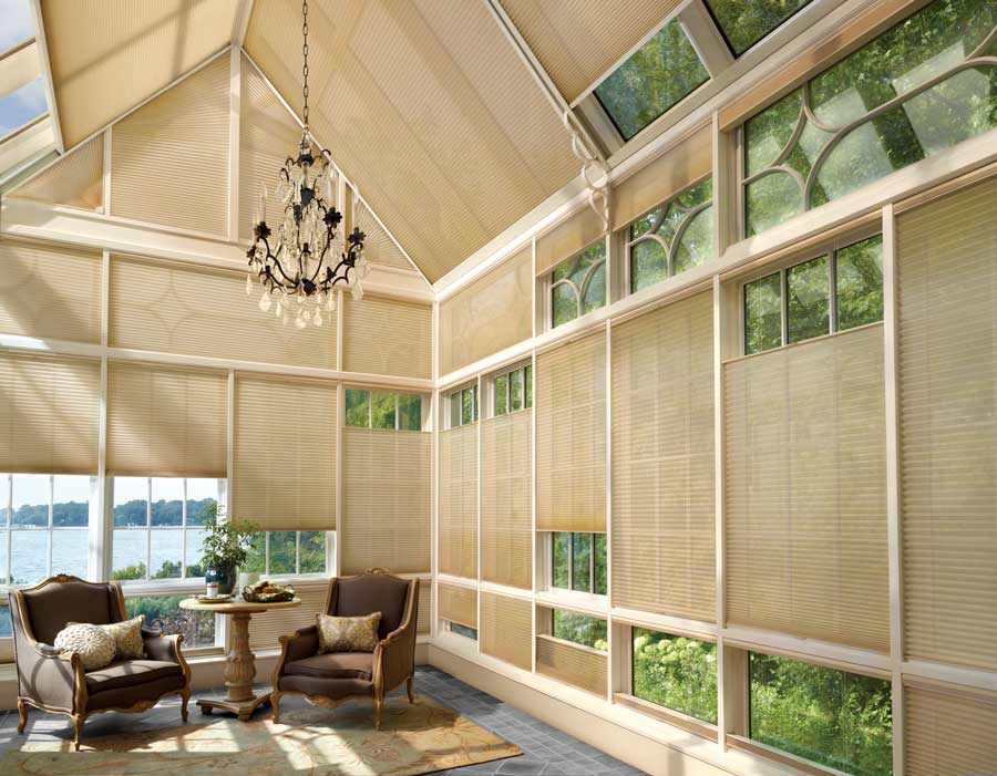 cellular shades on glass patio area