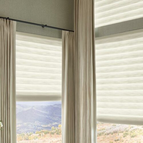 Vignette® Modern Roman Shades layered with pinch pleat drapes for added softness and light control