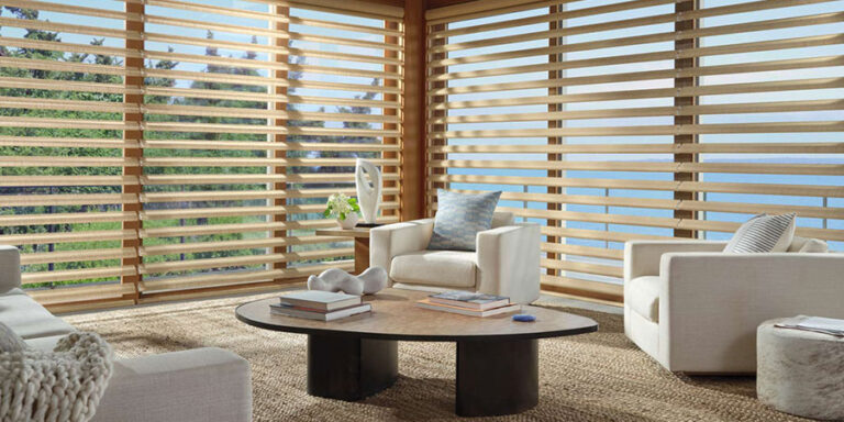 Pirouette® shades on living room windows for soft natural light and views