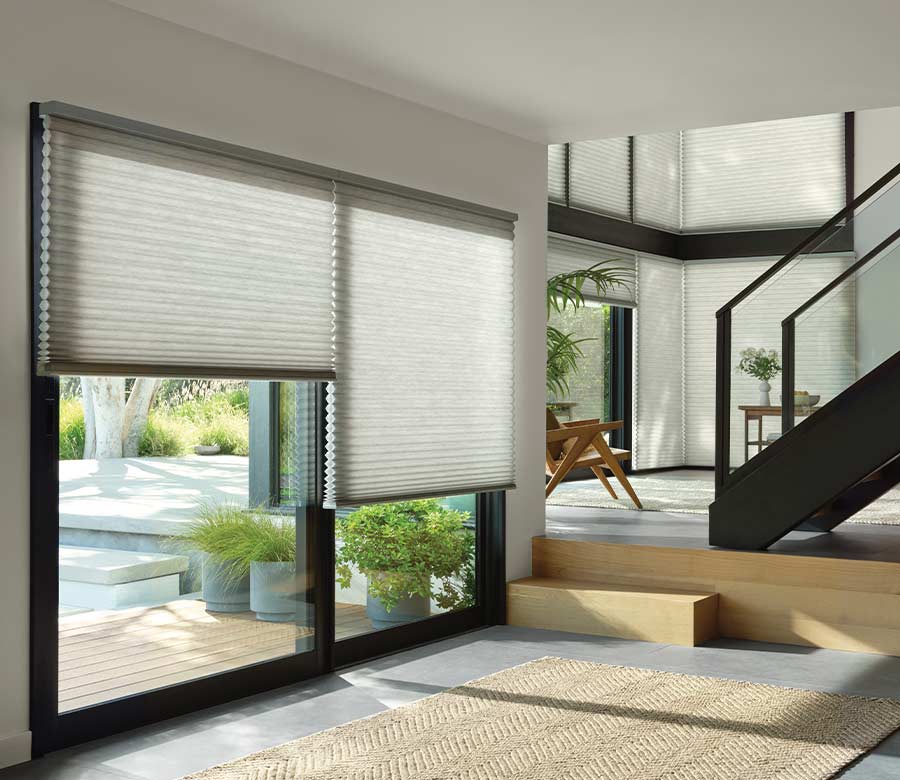 black trim framed window with duette honeycomb shades in Maple Grove MN