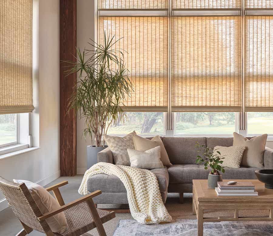 living room with light brown woven window blinds