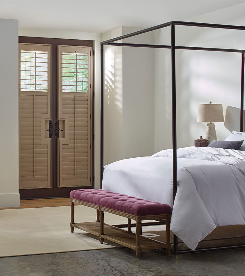 brown and black Horizontal Blinds for Sliding Glass Doors in bedroom with cut out handles