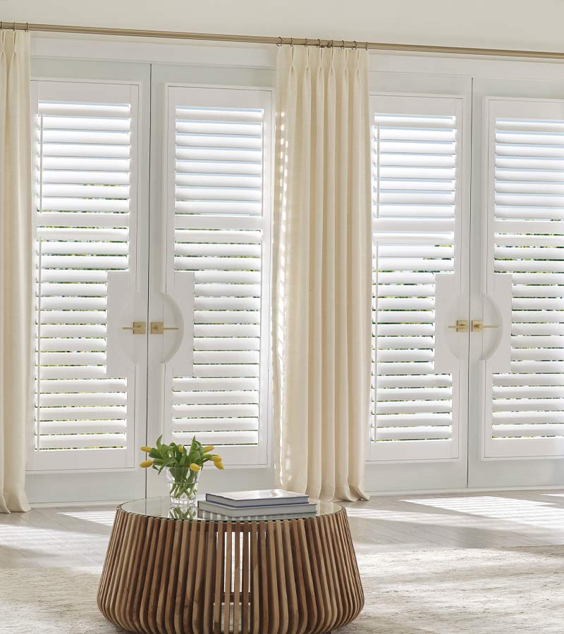 Window Coverings for Sliding Glass Doors white shutters aero drapery
