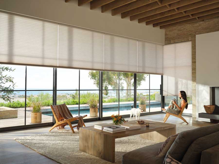 A woman sitting with a remote in her hand lowering the smart cellular shades in her living room