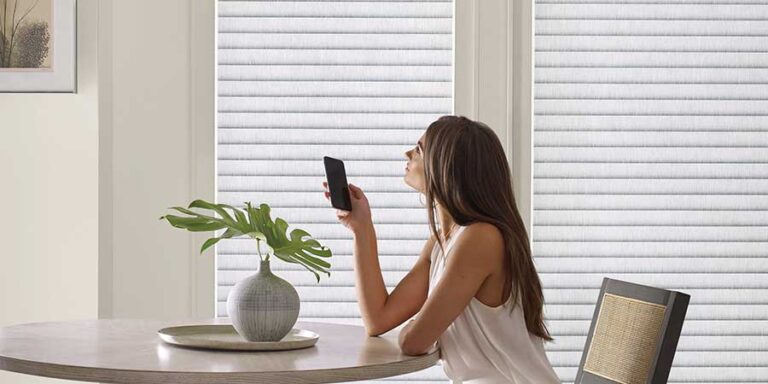 A woman with a remote adjusting her blinds