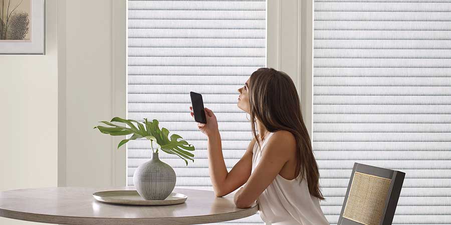 A woman with a remote adjusting her blinds