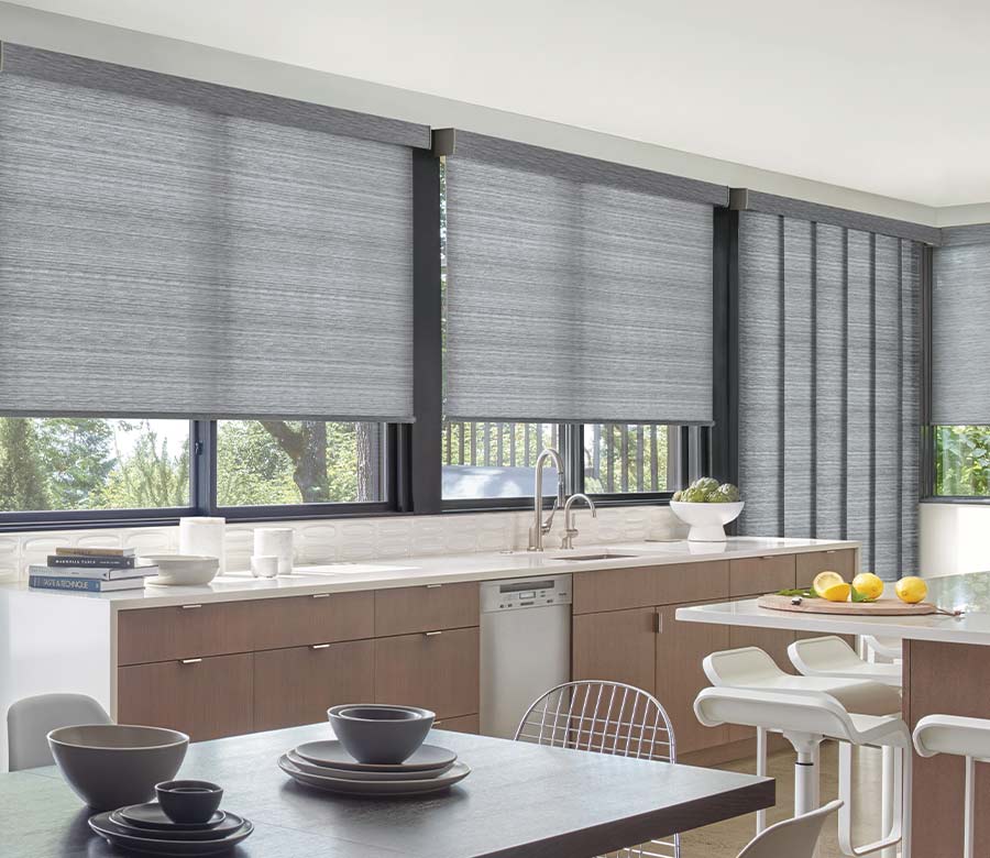 kitchen with gray designer roller shades Malcalester Groveland MN