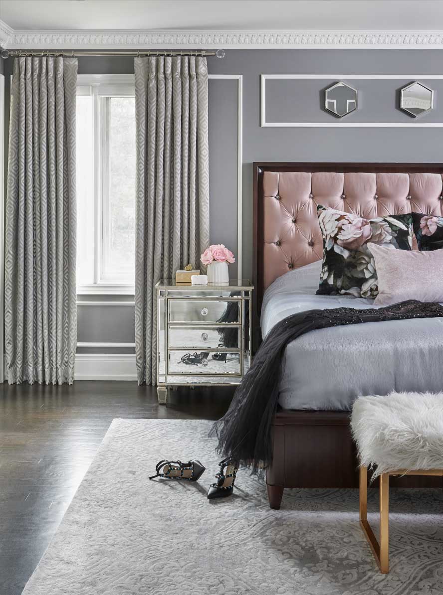 blush pink and grey tones in modern bedroom minneapolis st paul mn