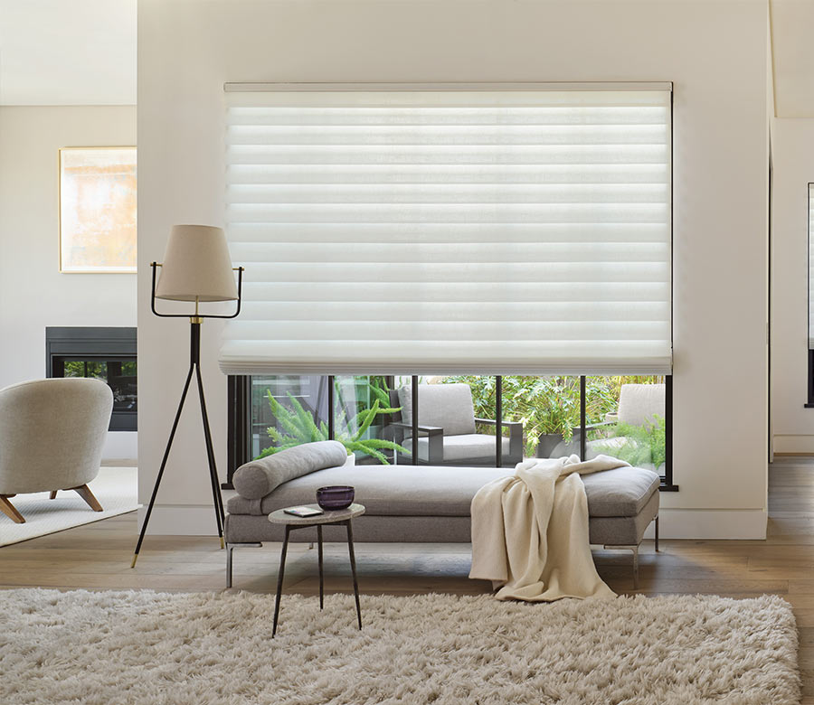 vignette-stacking-roman-shades-hunter-douglas-aero-drapery-and-blind living room with white stacking roman shades hunter douglas aero drapery and blind