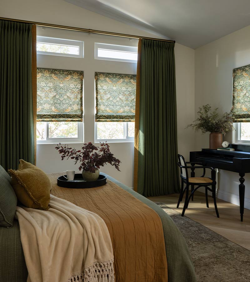 energy-efficient-custom-roman-shades-window-treatments-aero-drapery-and-blind green drapery with roman shades in bedroom energy efficient