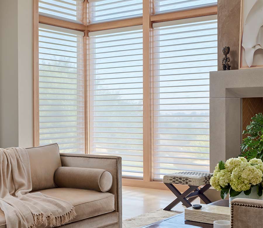 floor-to-ceiling sheer window treatments on large windows in modern living room