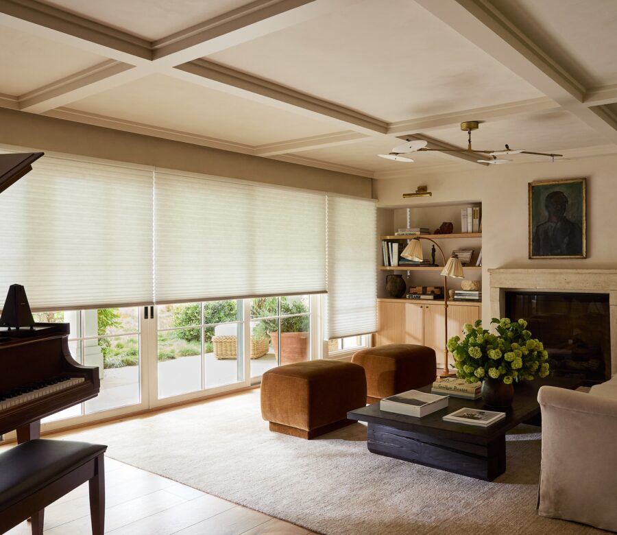 Duette Honeycomb Shades covering large windows in an elegant living room