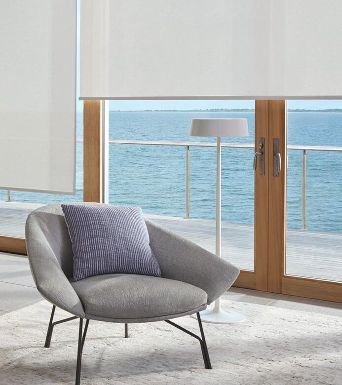 Designer screen shades with chair in living room for large glass doors