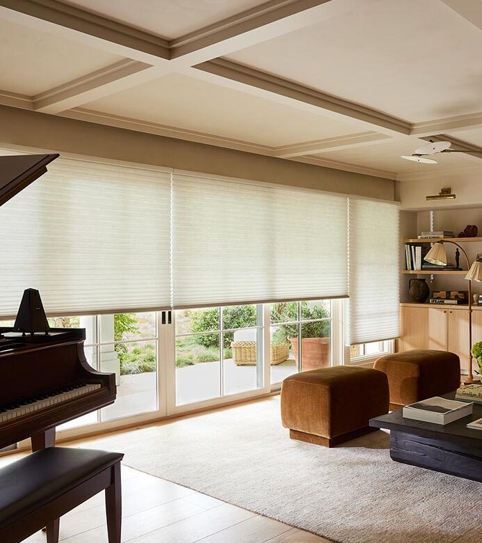 living room with duette honeycomb shades energy efficient