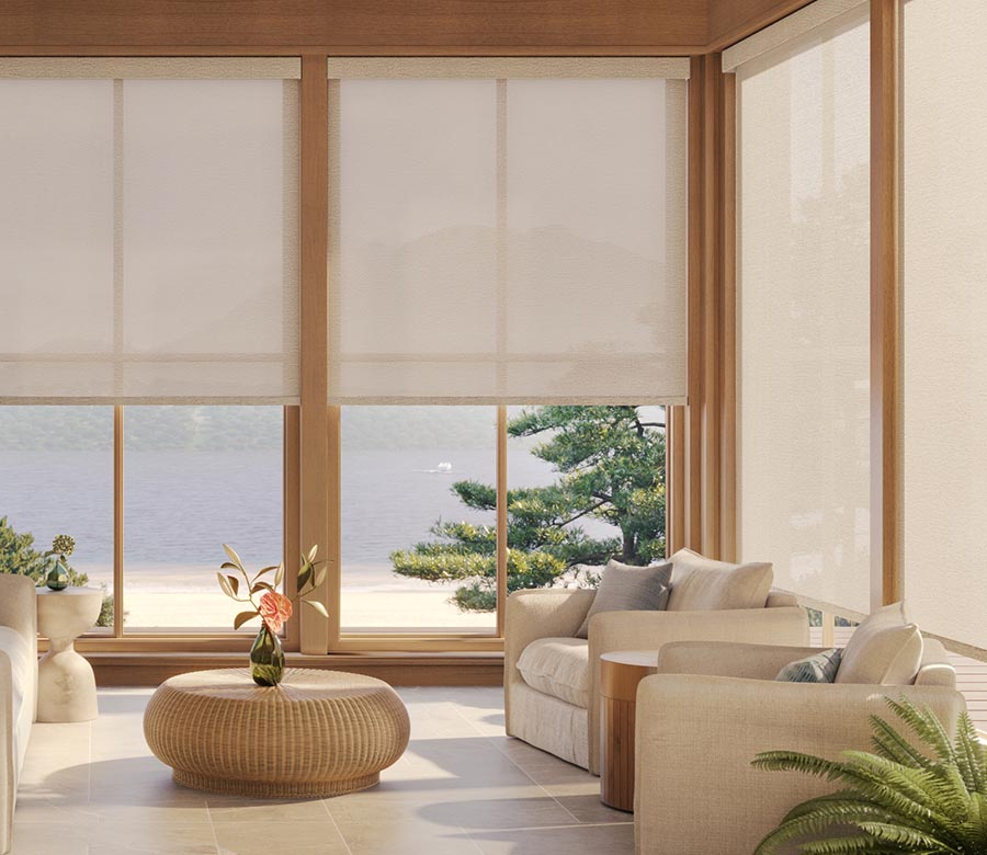 living room with large designer screen shades