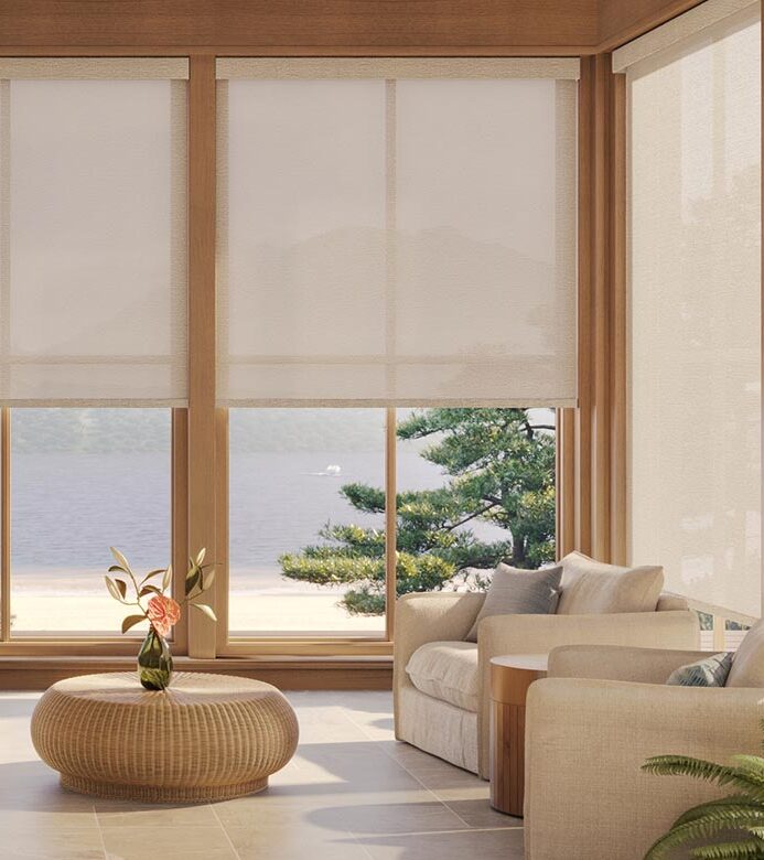 living room with designer screen shades in cream